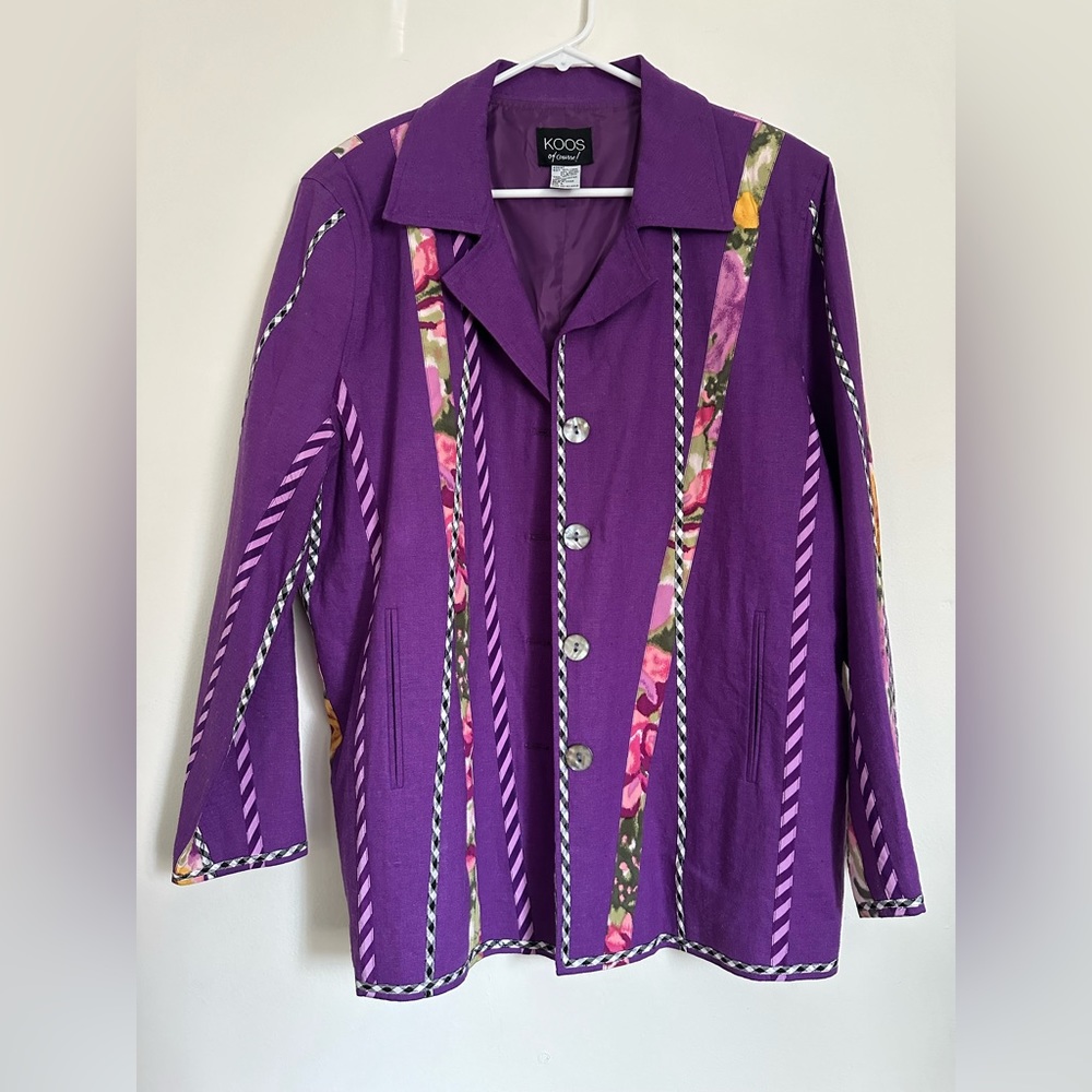 Koos of Course Purple Linen Blend Floral Striped Checker Silk Ribbon Blazer
